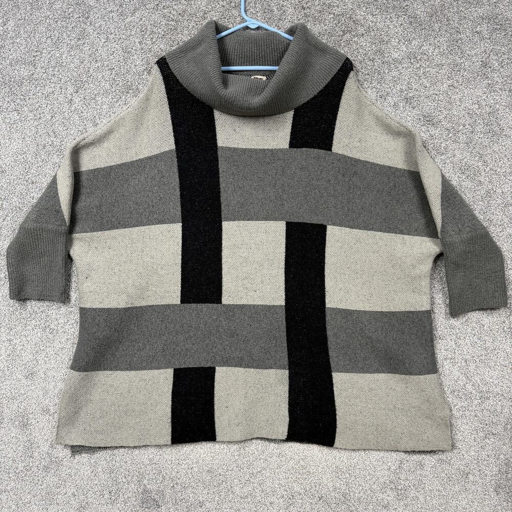 Anne Klein Tunic Sweater Womens XL Gray Black Cowl Neck Poncho Lagenlook Mod
